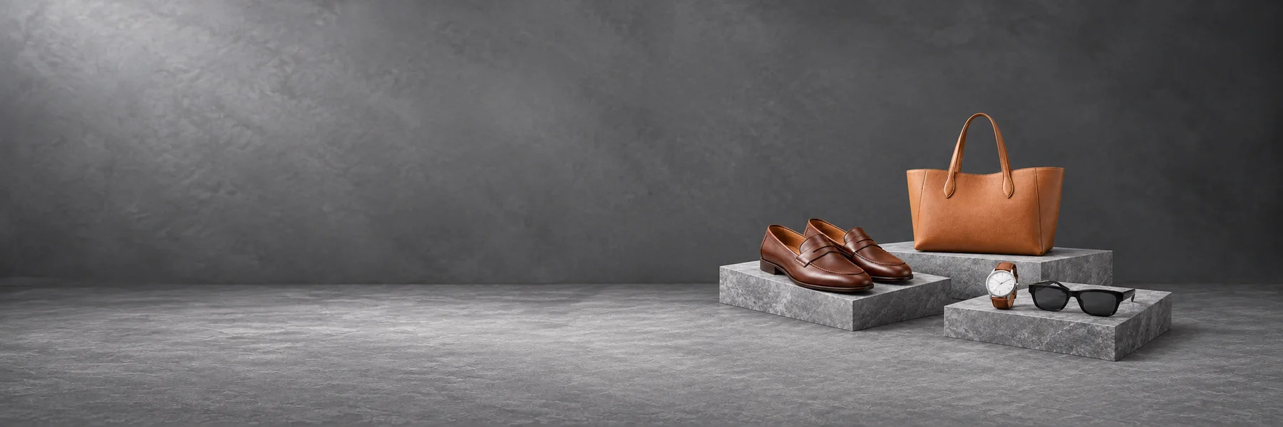 Tan leather tote, brown loafers, a leather-strap watch and black sunglasses