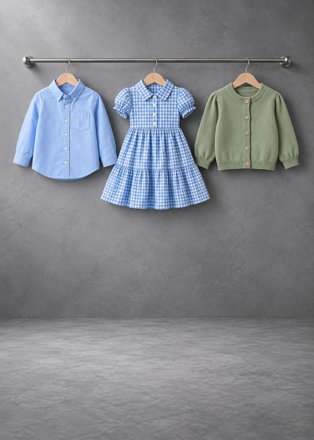 Child-sized sky-blue shirt, gingham dress and sage cardigan on a studio rail