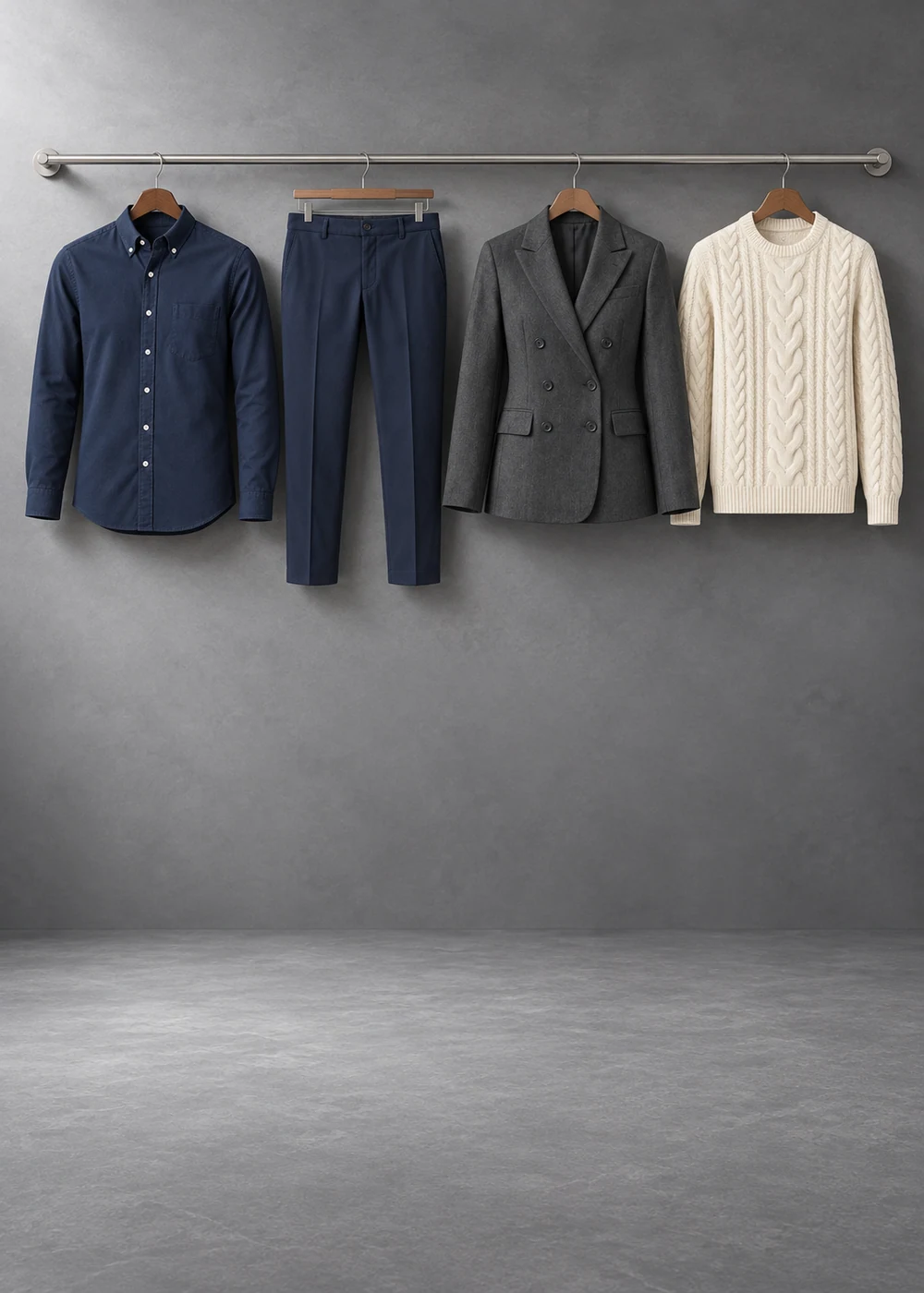 Navy Oxford shirt, charcoal blazer, navy trousers and ivory cable-knit sweater on a studio rail