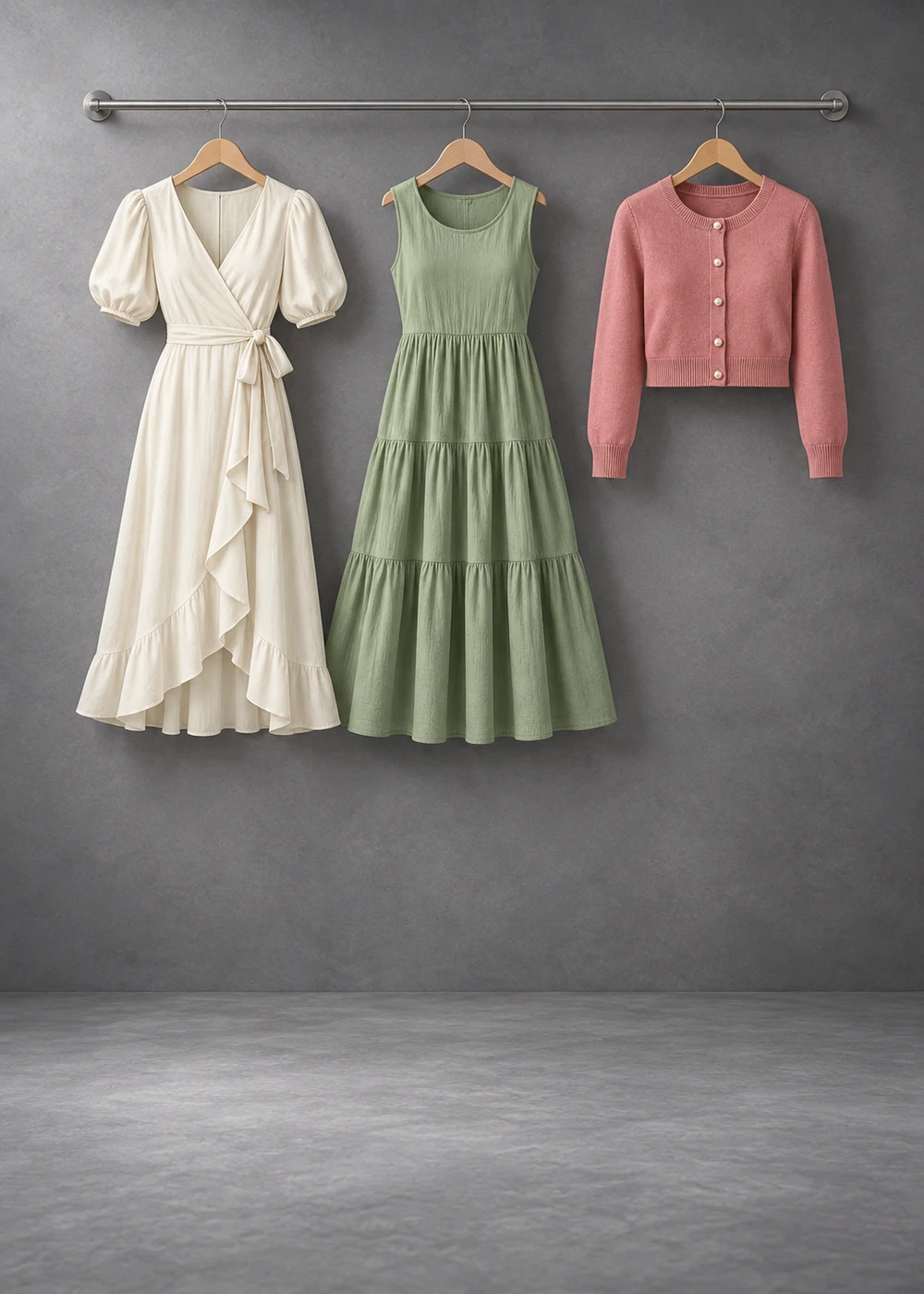 Ivory wrap dress, sage tiered dress and rose cardigan arranged on a studio rail