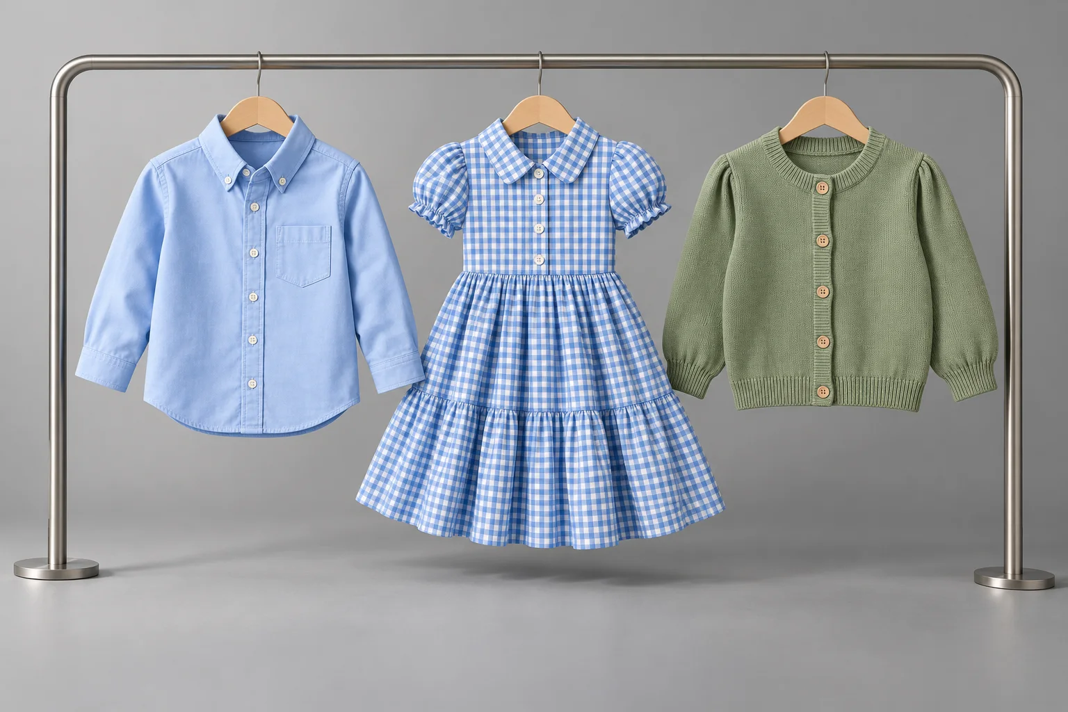 Blue shirt, gingham dress and sage cardigan from the kids collection