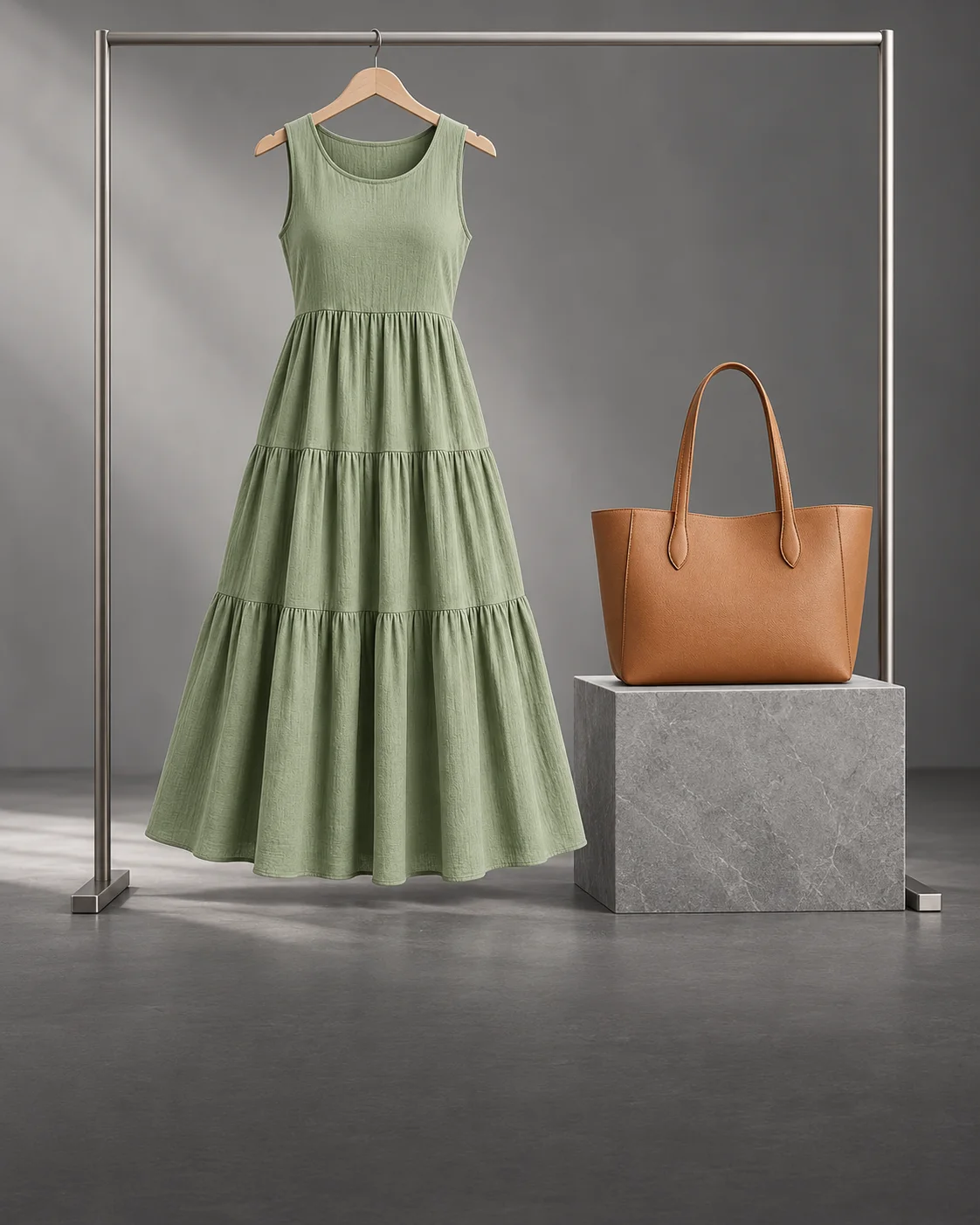 Sage midi dress and tan leather tote from the women's collection